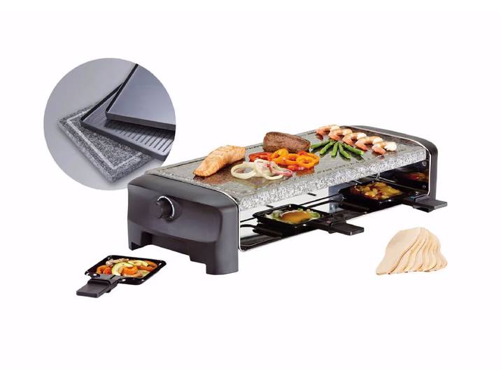 Koenig Raclette Gourmet Grill und Stein, 8er Raclettegerät für 8 Personen – Raclette Ofen/Raclette Grill – schwarz