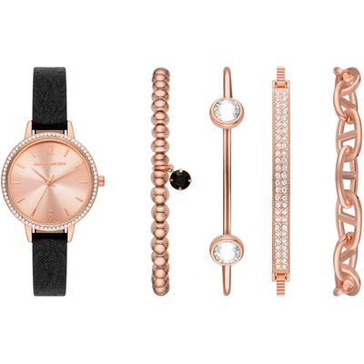 Quarzuhr SKECHERS "ELEVATED GLITZ SET", schwarz (schwarz, roségoldfarben), Armbanduhren, Damen, roségoldfarben, Quarzuhr, Armbanduhr, Damenuhr, analog, Glassteine, Geschenkidee