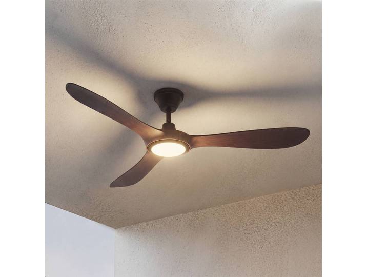 Lucande LED-Außendeckenventilator Winrod, Holz dunkel, dim. Winrod Lucande, dimmbar, Holz dunkel, Kunststoff, Modern