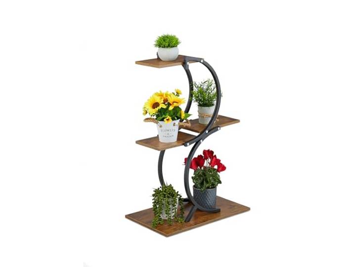 Relaxdays Pflanzenständer, 4 Ebenen, HxBxT: 76 x 48 x 30 cm, geschwungenes Blumenregal für 5 Blumentöpfe, schwarz/braun