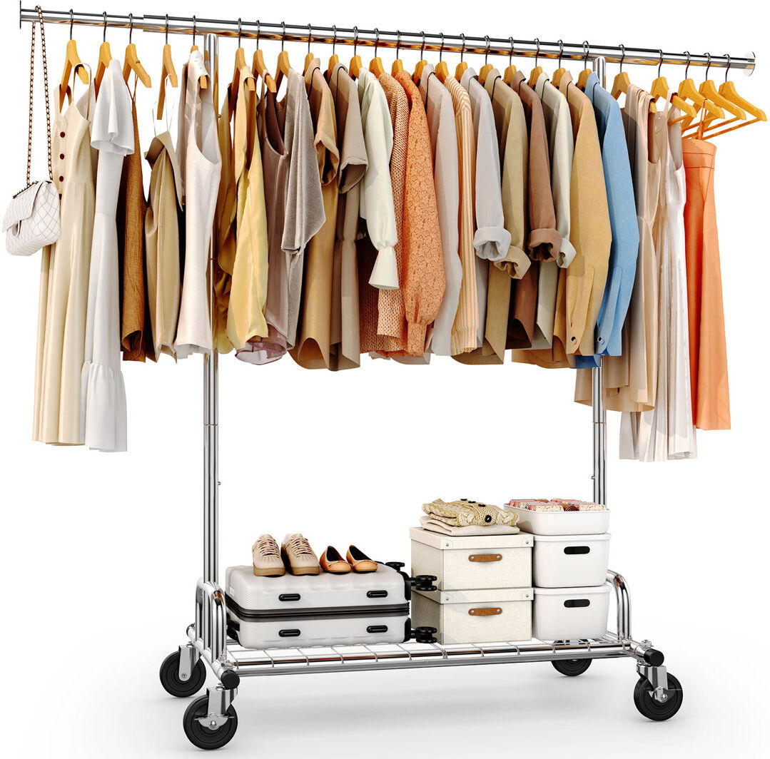 Rebrilliant Heavy Duty Clothes Rail 238kg (525lbs) Capacity, Extendable Hanging Rack with Lockable Wheels & Shelves Silver