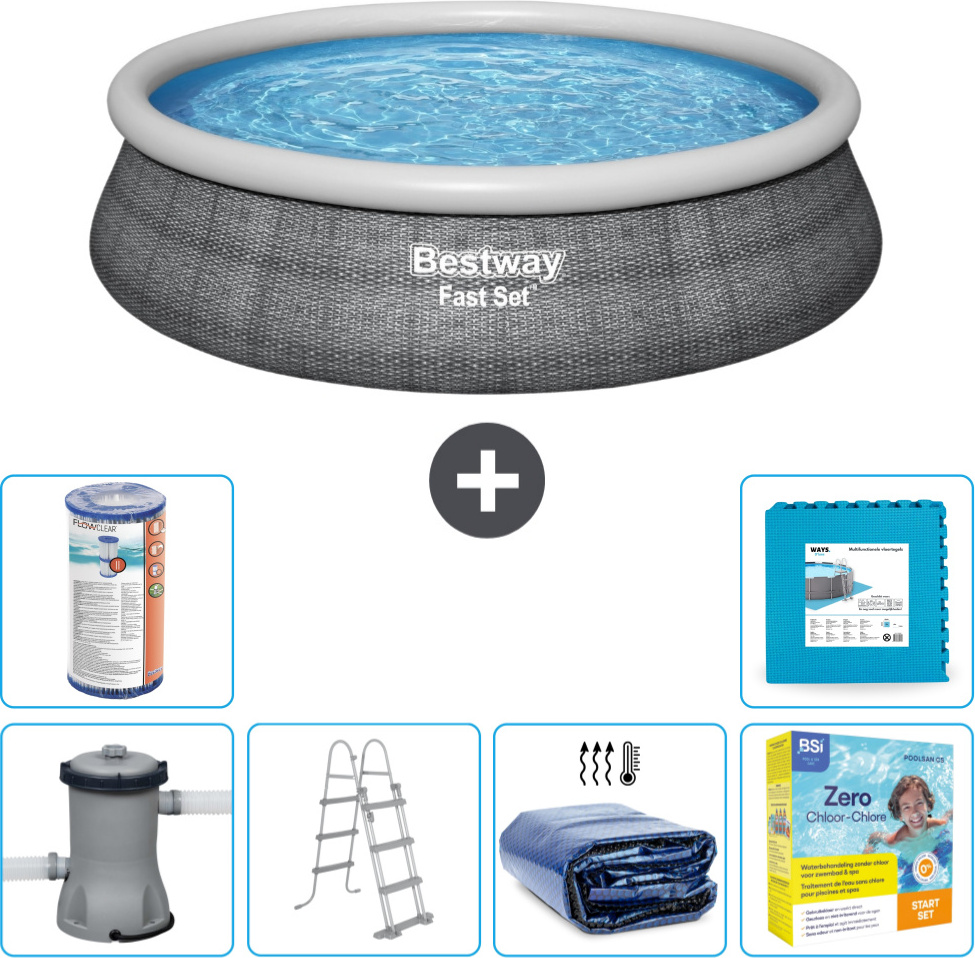 Bestway runder aufblasbarer Fast-Set-Schwimmpool - Rattan-Druck - 457 x 107 cm - inklusive Pumpe - Leiter Sonnensegel - Wartungspaket - Filter - Bodenfliesen