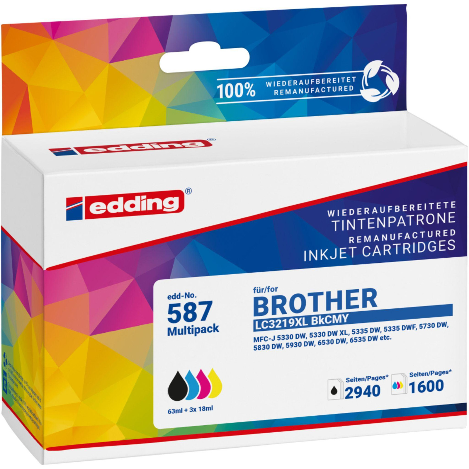 Edding Tintenkartridges 18-587-01 compatibel met Brother LC3219XL, zwart/cyaan/magenta/geel, 4 stuks