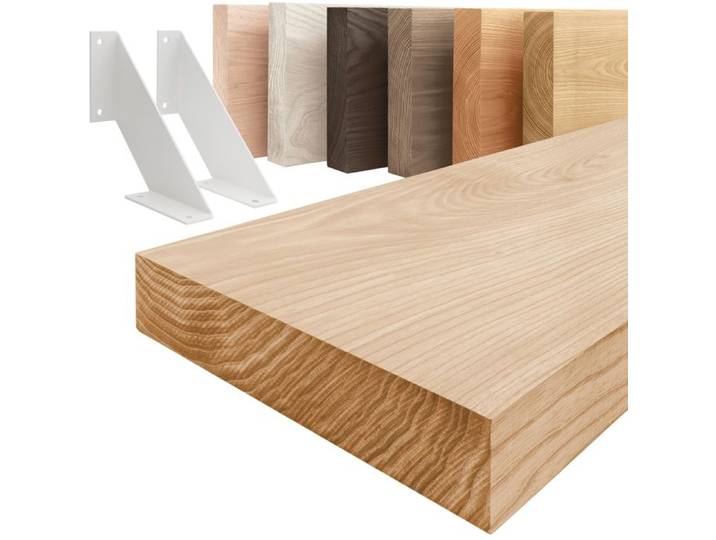 LAMO Manufaktur Étagère murale avec supports en V blancs Étagère 140cm largeur Couleur: naturel Bord: droit