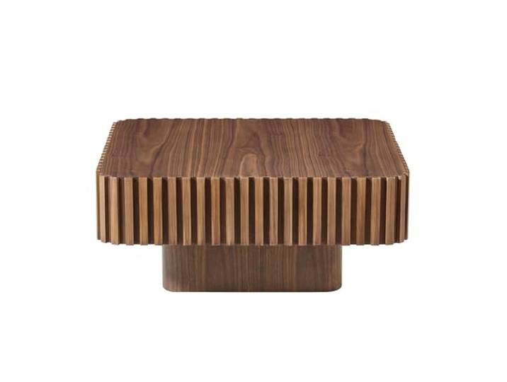 Square Fluted Coffee Table, Modern Ribbed Center Table with Solid Wood Stripe Accent, MDF with Wood Veneer Construction, Contemporary Accent Table for Living Room, Bedroom, and Office (Walnut Color)