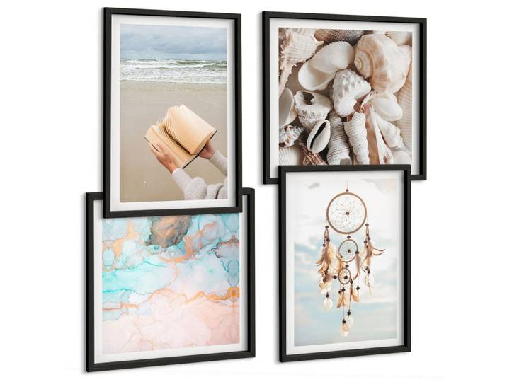 Tulup Bilder SET 4er Set - 50x50 cm & 40x60 cm Schwarzer Rahmen - Boho-Buch mit Muscheln, Kunststoff, Rechteckig, 50x50 cm, gerahmt, Bilder & Rahmen, Bilder