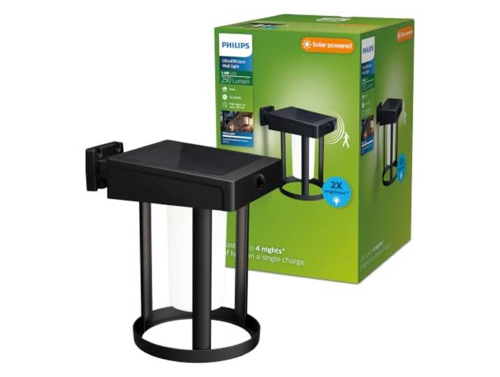 PHILIPS Outdoor Ultra-Efficient Solar Camill Wandleuchte 1,4W, Dual-Bright Sensor, rund, matt, 3000 Kelvin, IP44 wetetrfest, schwarz