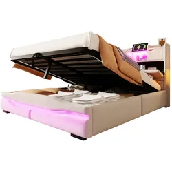 OKWISH Polsterbett 160x200 mit hydraulischem Stauraum und LED-Beleuchtung, modernes Doppelbett mit Leinenbezug, funktionales Schlafzimmerbett Beige