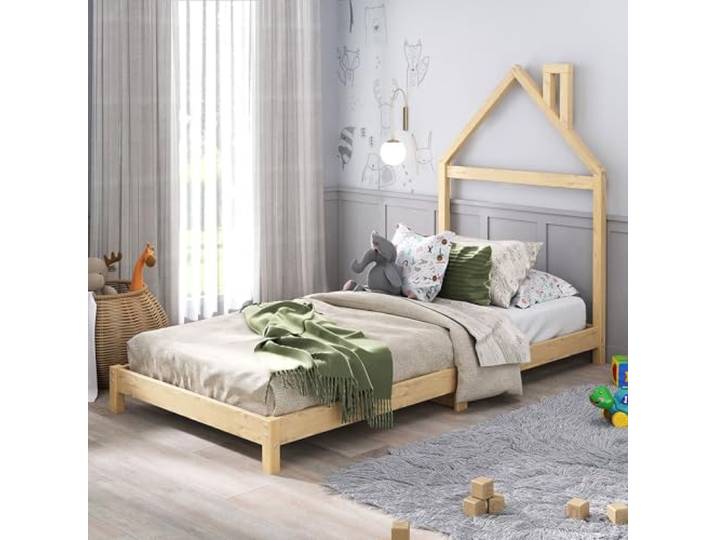 IDIMEX Kinderbett Liz 90x200 cm in Hausoptik aus Massivholz Natur - Bodenbett für einfaches EIN- und Aussteigen, Montessori Kinderzimmer