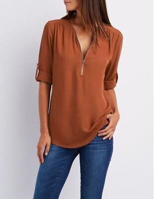Uplifted Finds Womens Loose Deep V Neck Chiffon Zipper Pullover Plus Size Top l orange