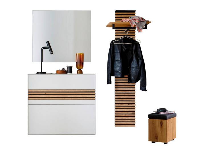 Schöner Wohnen Garderobe, Weiß, Eichefarben, Holz, Glas, 4-teilig, Kerneiche, massiv, 167x196x35 cm, Garderobe, Garderoben-Sets & Garderoben-Serien, Garderoben-Sets
