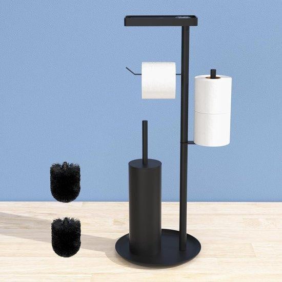 Unyqoos RVS vrijstaande toiletrolhouder met opbergruimte, glazen insert, toiletborstel en vochtige doekjeshouder, ruimte voor 2 reserverollen