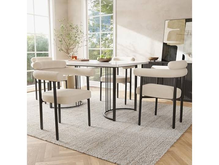Esszimmerstühle, moderne und schlichte Esszimmerstühle aus cremefarbenem Wildlederstoff, bequeme Ringsitze, geeignet für Esszimmer, Wohnzimmer und Arbeitszimmer, in mehreren Farben erhältlich (4)