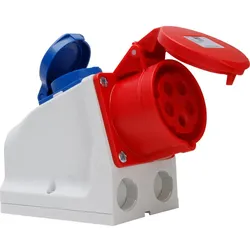 Kopp 100400005 CEE-Kombi-Wandsteckdose: CEE-Steckdose+Schutzkontakt-Steckdose, Klappdeckel, Farbe: grau-rot-blau