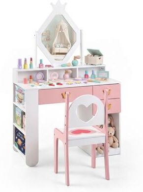 Costway Kids Vanity Set with Crown Mirror & Chair for Girls-White