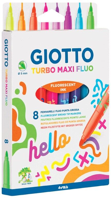 Pochette 8 feutres fluorescents TURBO MAXI pointe large Super Washable - Giotto