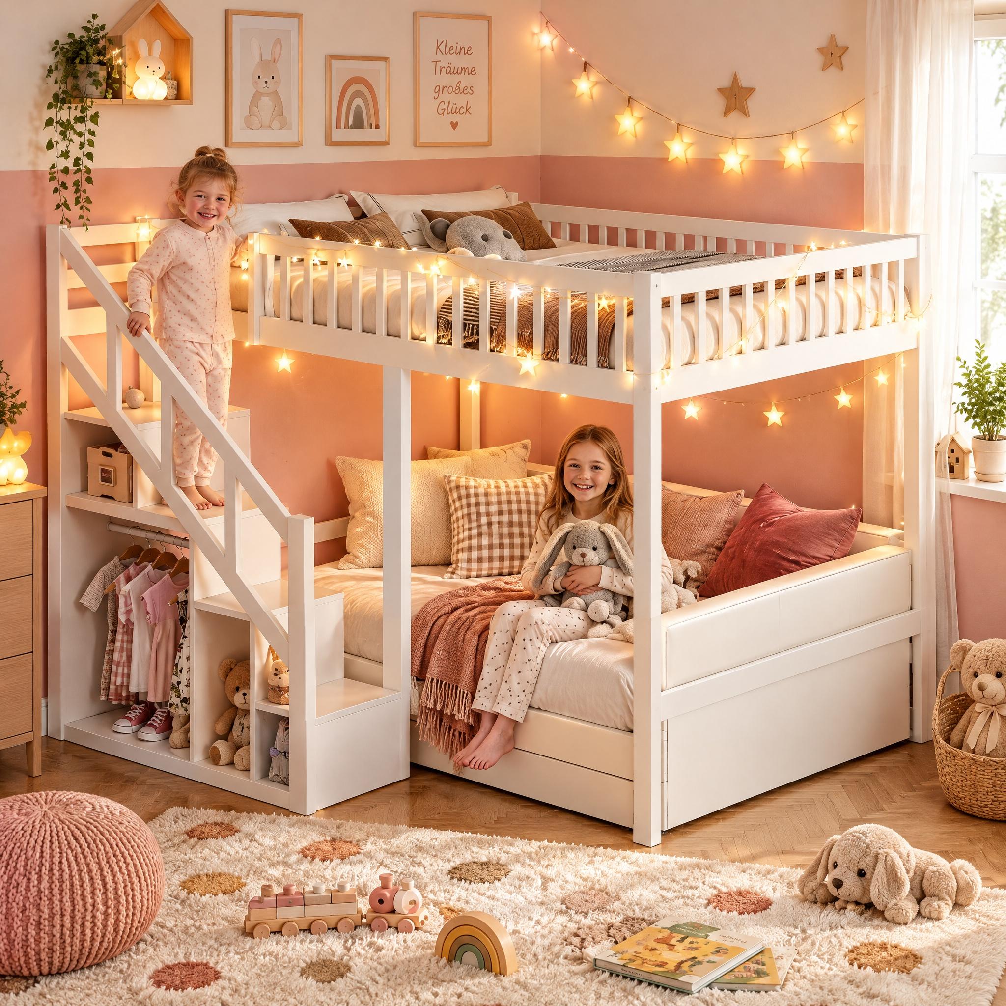 Etagenbett 90x200cm,Hochbett mit Treppe und Stauraum,Multifunktional Kinderbett,Jugendhochbett,ohne Matratze, Weiß