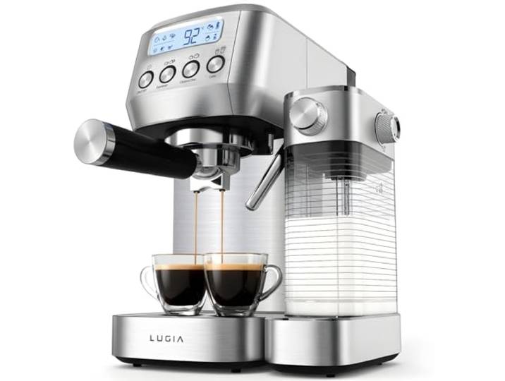 Lugia Espressomaschine Siebträgermaschine 20 Bar mit Automatischem Milchaufschäumer LED Display für Espresso Cappuccino Latte Macchiato Edelstahl Kaffeemaschine für Zuhause