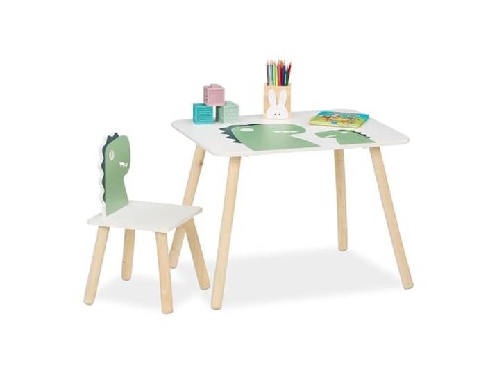 Relaxdays Kindersitzgruppe, Dino-Design, Kindertisch mit Stuhl, Mädchen & Jungen, Sitzecke für Kinderzimmer, weiß/grün