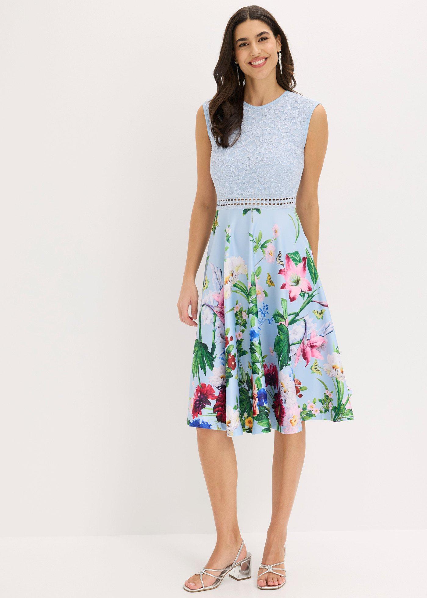 bonprix Midikleid mit Spitze, blau, Gr.48, Romantisch und feminin: Midikleid aus fester Scuba-Qualität mit romantischer Spitze im Oberteil