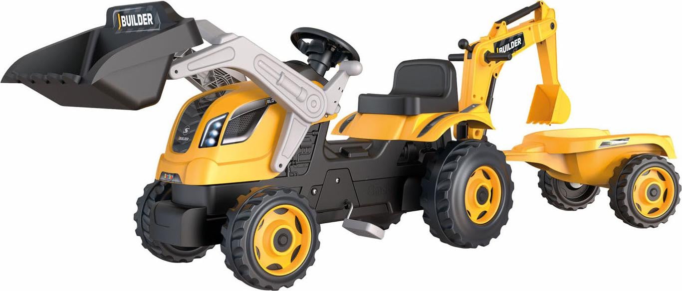 Smoby Builder Max Pedaltractor met Trailer, Graafmachine en Schep - Geel