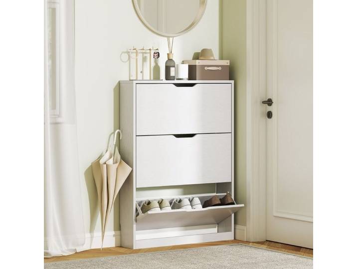 Armoire à chaussures - 3 abattants - 12 paires - Compact - Bois - Blanc - 80x17x108 cm