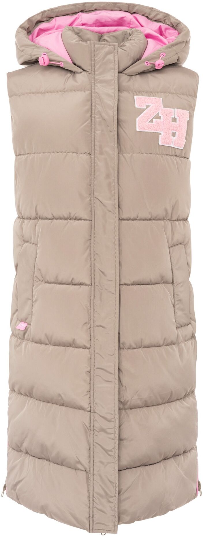 Longweste ZWILLINGSHERZ "„ZH Patch“", Damen, Gr. S, beige (taupe), Obermaterial: 100% Polyester, Westen Longweste, mit Kapuze, Reissverschluss an Front und Seiten, Taschen, Aufnäher taupe S