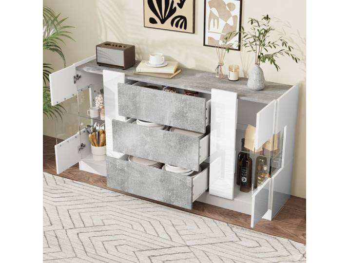 MIVRAY Buffet et enfilade avec 2 Portes et 3 Tiroirs LED en MDF et Verre 140×35×75 cm Blanc et Marbre Gris
