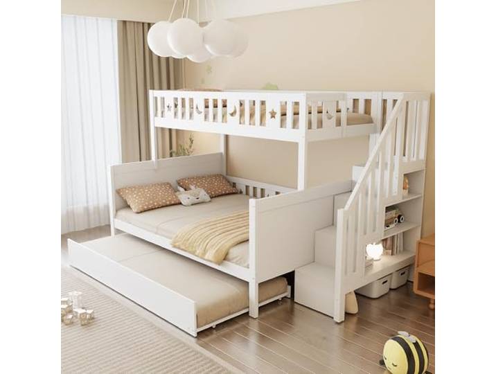 Merax Etagenbett 140x200cm und 90x200cm mit Ausziehbett, Hochbett mit Sicherheitsleiter, Weiß (Ohne Matratze)