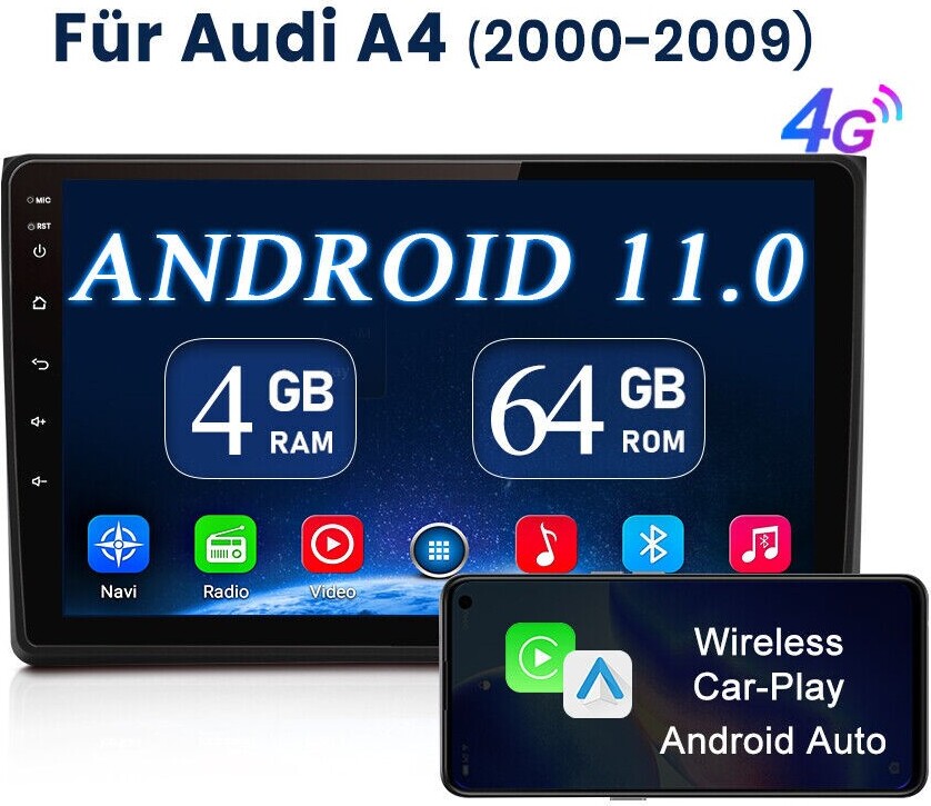 9 Zoll Android 11 Autoradio GPS Navi Für AUDI A4 2000-2009 Wireless Carplay 64GB BT FM RDS