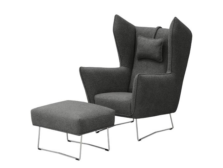 Sessel Caleta Grau/Grau Bouclé Stoff Basima mit Hocker 80 x 112 x 92cm