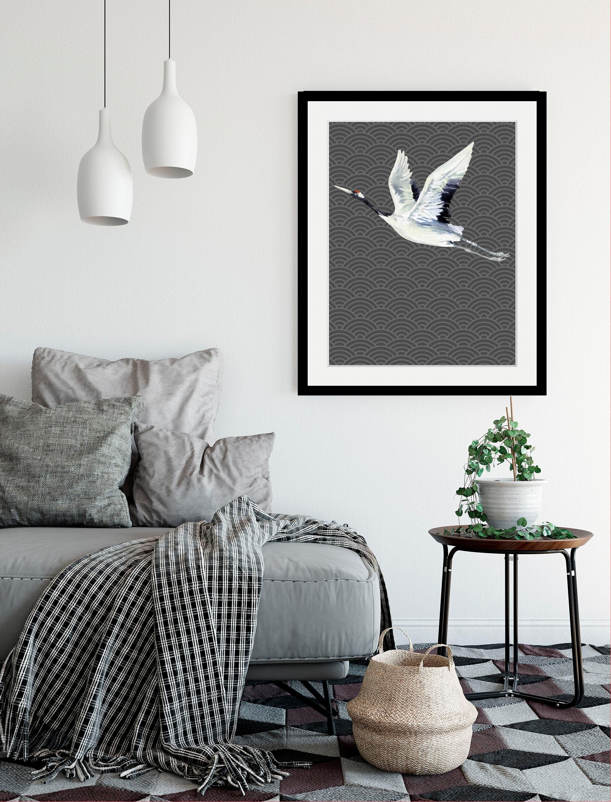 Bild QUEENCE "Kranich", schwarz (farbe rahmen: schwarz, farbe bild(er): schwarz), B:40cm H:50cm T:3cm, Acrylglas, Holzwerkstoff, Papier, Bilder, Bild, HD Premium Poster-Druck inkl. Holzrahmen farbe rahmen: schwarz, farbe bild(er): schwarz B/H/T: 40cm x 50