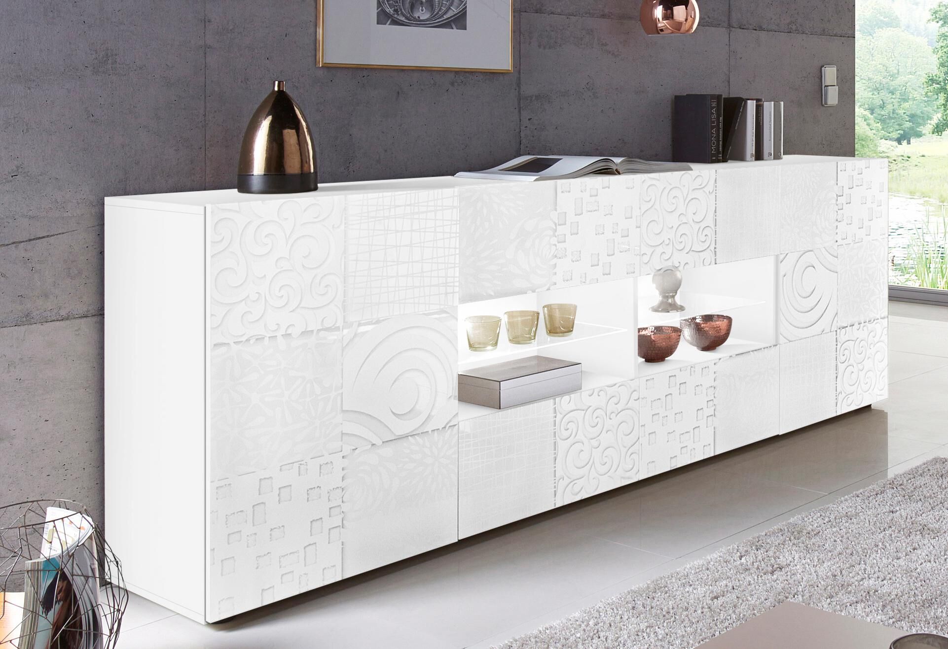 Sideboard HOME AFFAIRE "Miro", weiss (weiß hochglanz lack mit siebdruck), Sideboards, Sideboard, Breite 241 cm mit dekorativem Siebdruck weiß hochglanz lack mit siebdruck Einheitsgröße