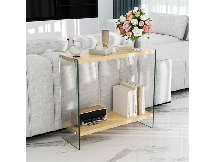 Console - UNHO - 80x30x76 cm - Verre trempé - 2 étagères - Design contemporain