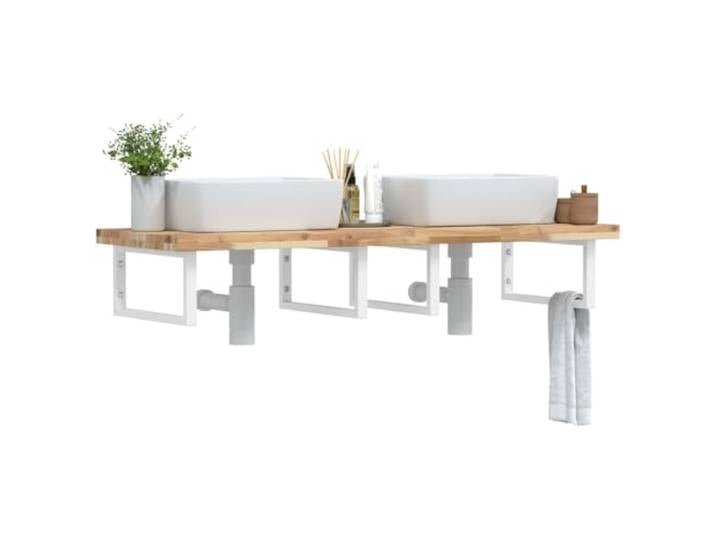 Waschbeckenregal Wandmontage aus Stahl und Akazienholz, Schweberegal Massives Akazienholz, Stahlhalterung, flexible Positionierung, Handtuchaufhängung, moderne Optik