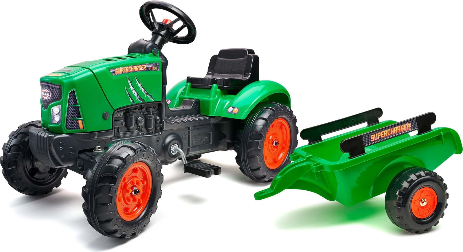 Falk Red Supercharger Pedal Tractor met openende motorkap en aanhanger