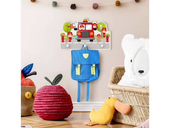 Patère enfants Pompiers 40 x 25 x 1cm Gris/Rouge