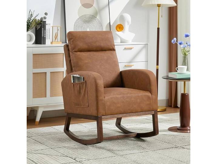 Fauteuil à Bascule - PROMIRACAL - marron - Cuir PU - Bois Massif - 1 place