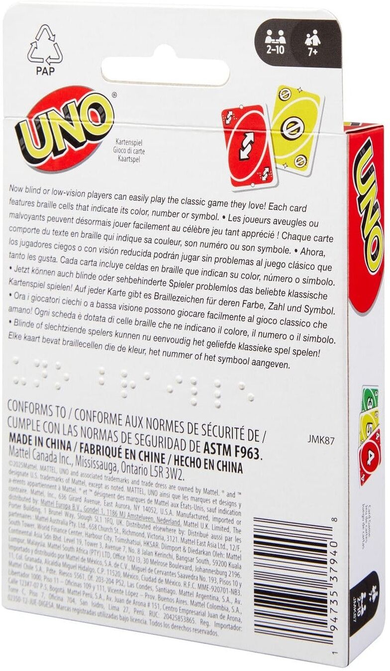 UNO Braille Edition Card Game for Blind and Visually Impaired, Ages 6+, Educational, Braille Cues, Mattel
