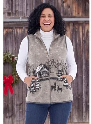 Women's Zip-Front Microfleece Vest by Woman Within in Medium Heather Grey Cabin (Size S)