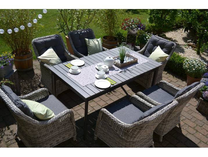 Sitzgruppe Como - Tisch Outfit 160/210/260x95cm + 6 Sessel Como grau Polster grau 15905