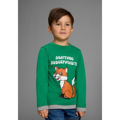 Langarmshirt KIDSWORLD "ACHTUNG AUSGEFUCHST", Jungen, Gr. 116/122, grün, Jersey, Obermaterial: 100% Baumwolle. Einsatz: 85% Baumwolle, 15% Viskose, bedruckt, Basic, Shirts Langarmshirt, Shirt mit coolem Fuchsdruck