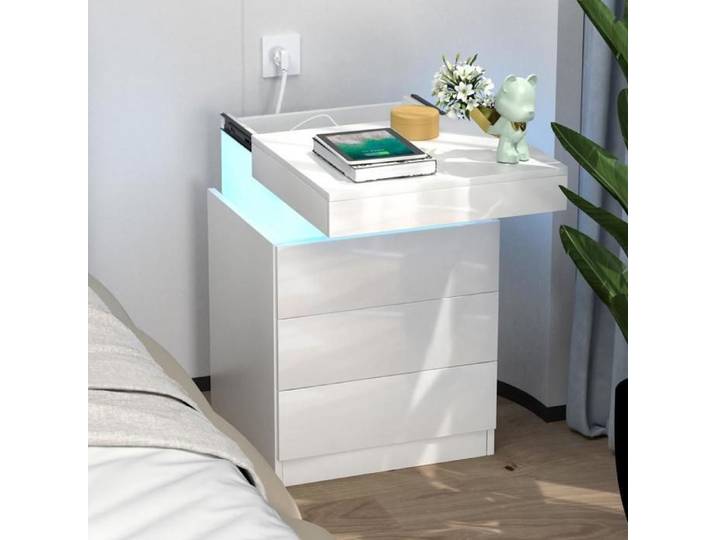 HOMEWELL. Table De Chevet Multifonctionnelle Avec Trois Tiroirs Prise Standard Européenne + Éclairage Led 45*40*67cm Blanc