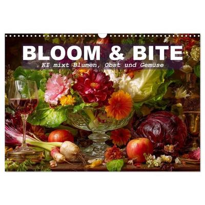 Bloom und Bite. KI mixt Blumen, Obst und Gemüse (Wandkalender 2026 DIN A3 quer), CALVENDO Monatskalender
