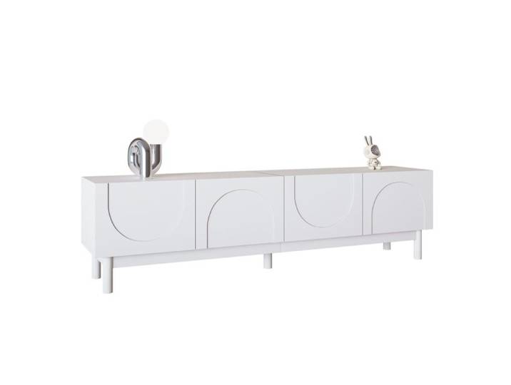 Meuble TV panneaux bas quatre portes et quatre compartiments avec portes à vagues incurvées et pieds en métal longueur 169cm