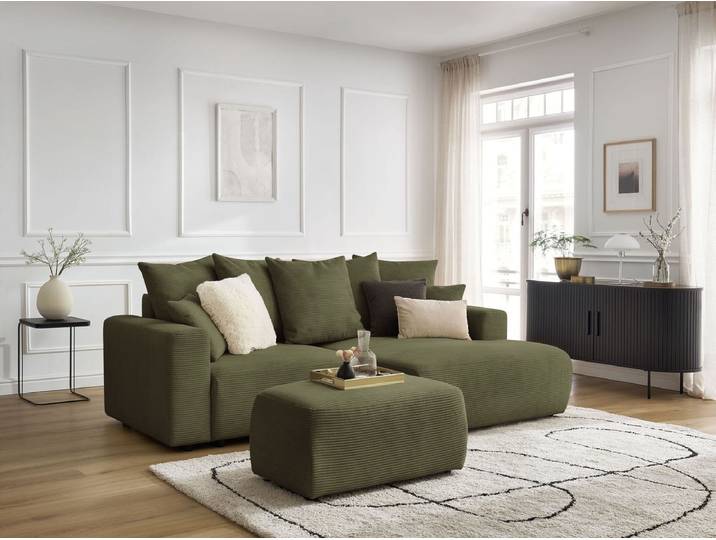 Canapé d'angle convertible coffre ATILLA velours côtelé avec pouf