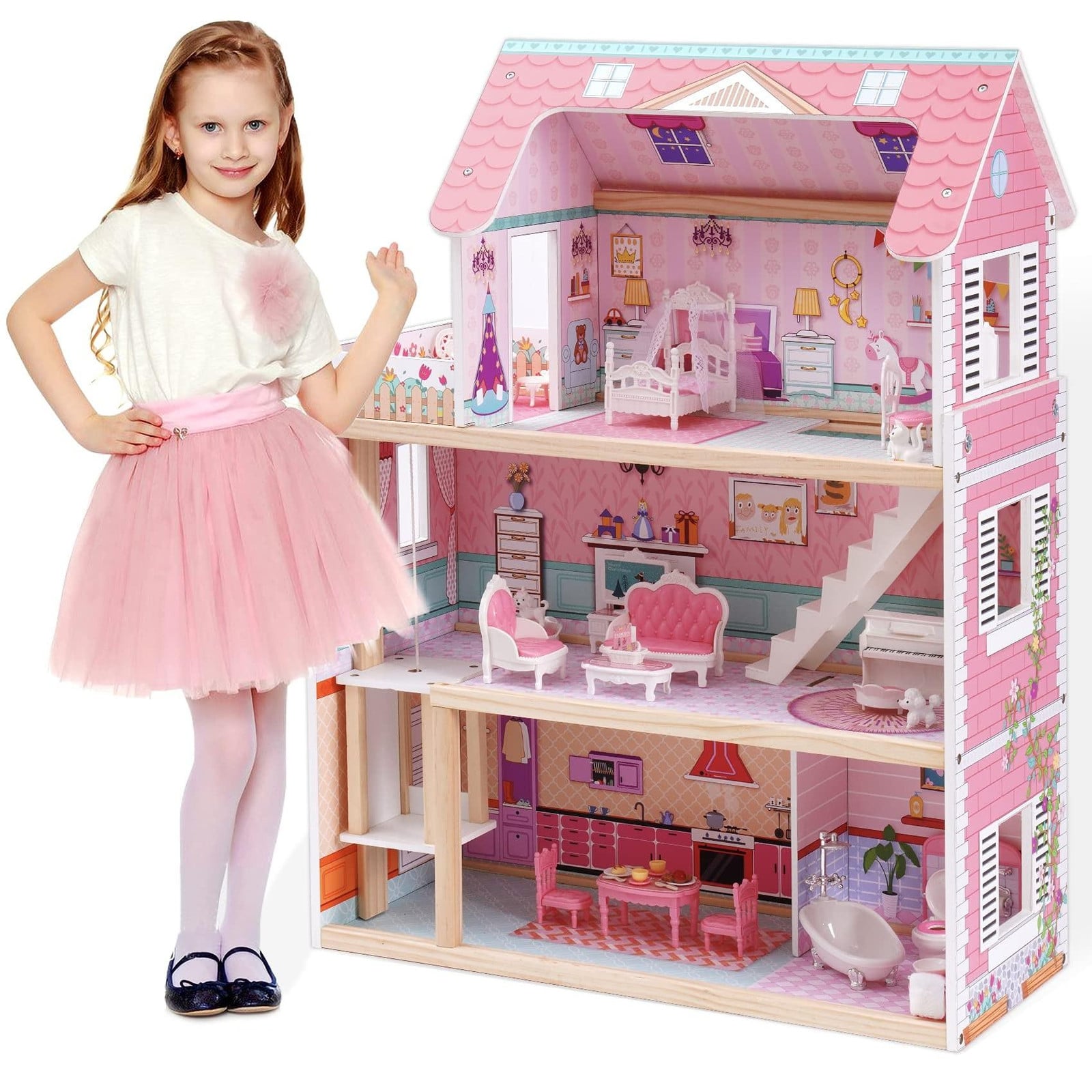 Houten Poppenhuis met Meubels voor Kinderen