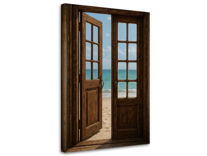 Feeby Leinwandbild Shabby Chic Blick auf eine Tür zum Strand 70x100cm, Braun, Landschaft/Berg, Rechteckig, 70x100 cm, Bilder & Rahmen, Bilder, Leinwandbilder