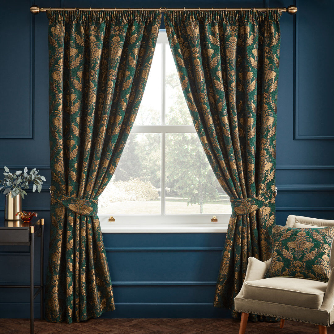 Paoletti Shiraz Floral Damask Pencil Pleat Curtains Emerald Width 168 x Drop 229cm