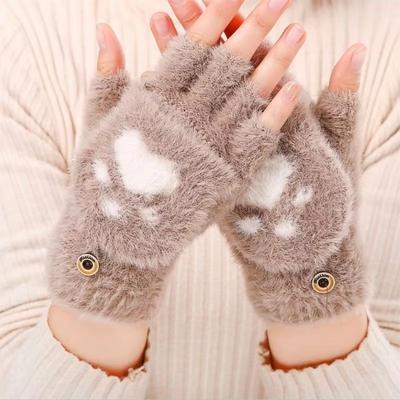 Perfect Picks Market Warm Cat Claw Paw Plush Mittens For Women Soft Fingerless Winter Gloves, Cozy And Cute coffee